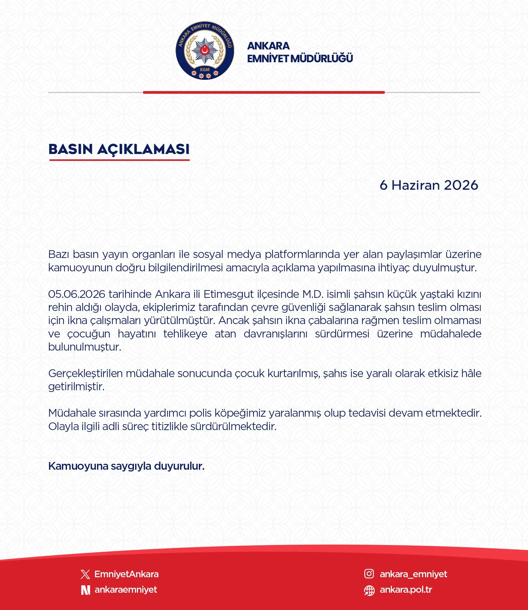 Ankara'da baba kızını rehin aldı